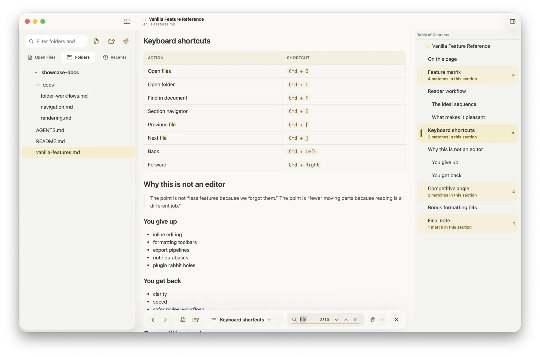 Screenshot of Vanilla Markdown showing keyboard shortcuts in a local docs folder with search results and a table of contents.