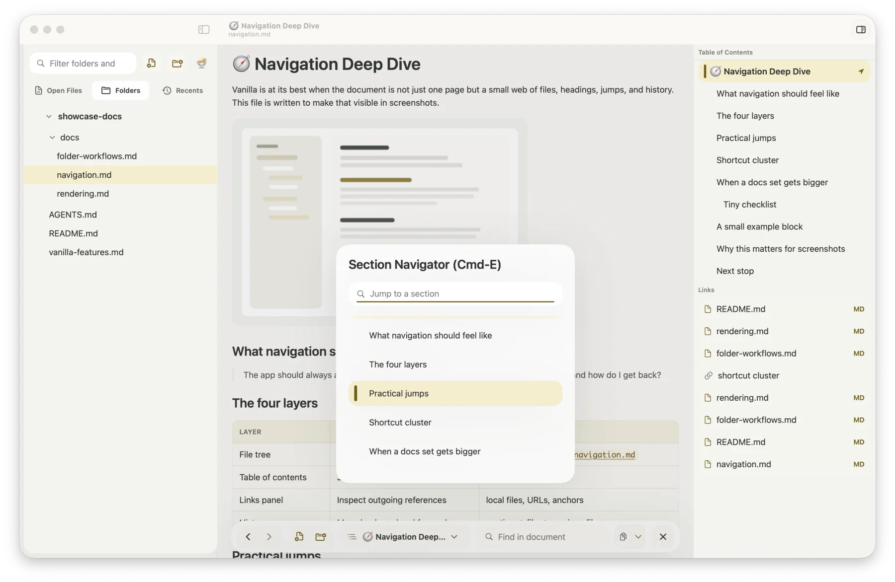 Screenshot of Vanilla Markdown showing a navigation-focused document with the section navigator, links panel, and table of contents open.